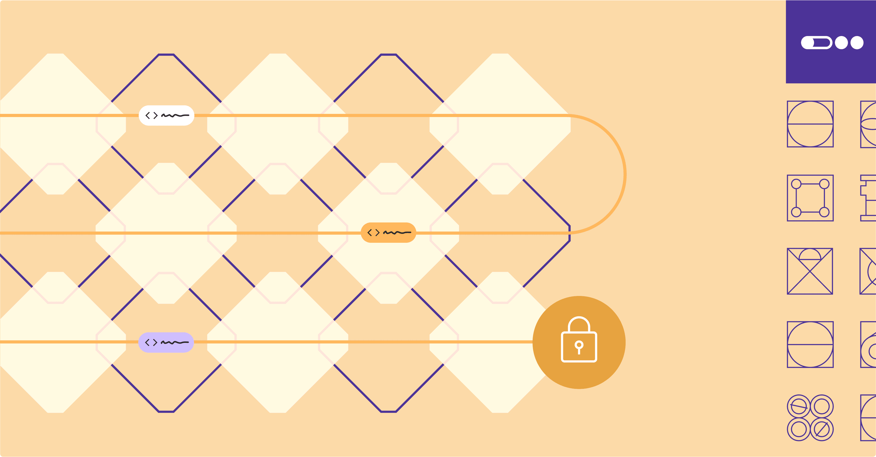 A graphic with diamond shapes linked by lines with code and a lock icon, symbolizing data encryption and AI data governance.