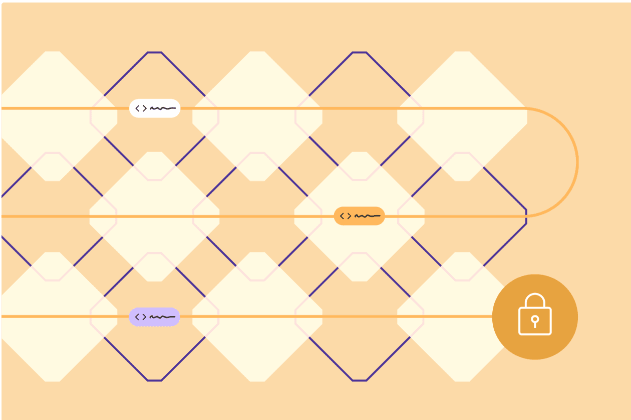 A graphic with diamond shapes linked by lines with code and a lock icon, symbolizing data encryption and AI data governance.