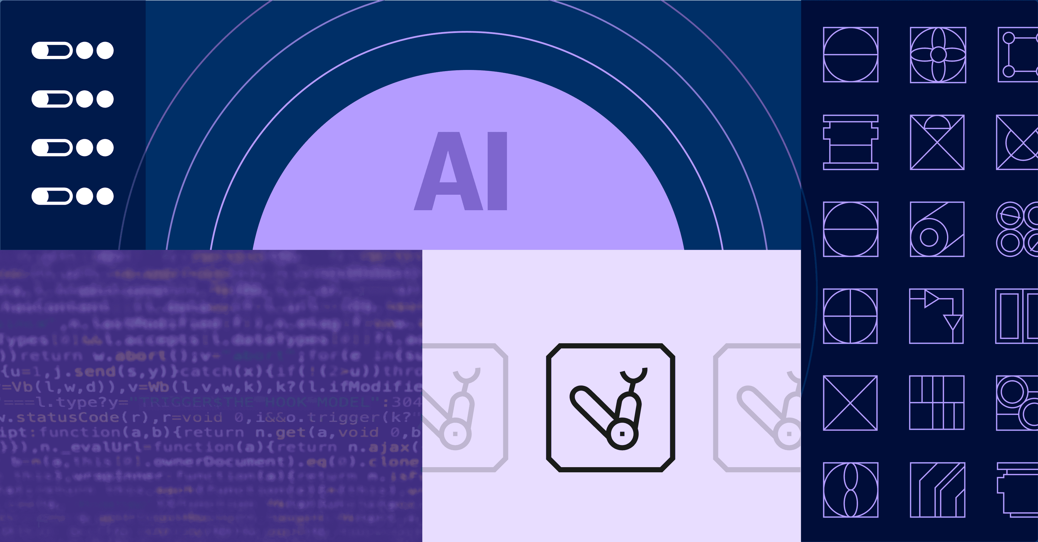 A stylized banner featuring 'AI' text, coding elements, and data icons, emphasizing artificial intelligence technology.